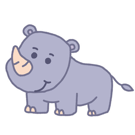 A cartoon rhino with a big smile on its face. It has a big horn on its headの写真素材