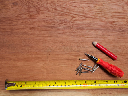 Copy space background wood with tools,measure and pencil for joiner workの写真素材