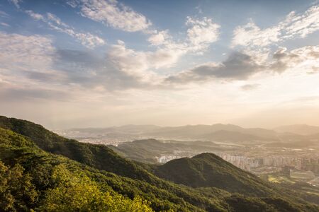 The Sun and beautiful sky,Namhan mountain in seoul koreanの写真素材