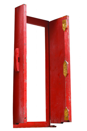 Thailand, Bangkok, Wat pho temple, Open red door of thai temple on white の写真素材