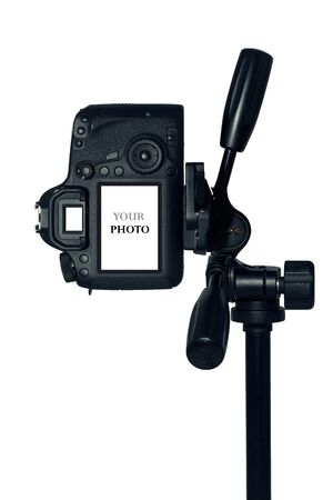 DSLR camera with tripod isolated on white background