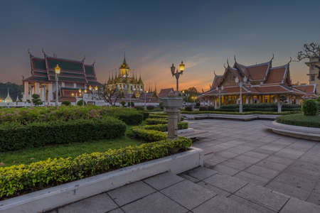 Wat Ratchanatdaram a Beautiful temple at twilight time, the temple is best known for the Loha Prasat famous landmark for tourist in Bangkok,Thailandの写真素材