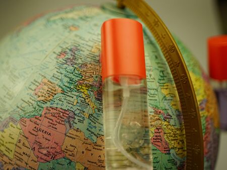 Mask and hand sanitizer for the prevention of Covid19 disease from the coronary virus that is spread around the world.の写真素材