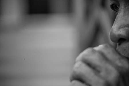 Buriram, Thailand, on May 14, 2020. A black and white photo of a man looking forward to a face with hope.のeditorial素材