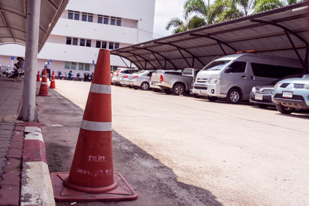 April 30, 2021, Buriram Provincial Transport Office, Thailand, has placed a traffic cone as a place to prohibit parking.のeditorial素材
