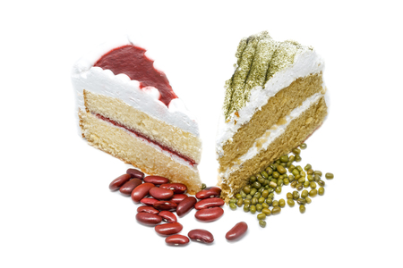 Green tea cake with strawberry cake. White backgroundの写真素材
