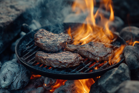 Grilling steak on a steel grid over hot fire look so deliciou by generative aiの素材
