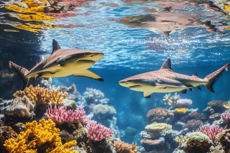 Stunning image of two sharks swimming gracefully through a vibrant coral reef in the beautiful sea. Ideal for showcasing aquatic wildlife and ocean environments.の素材