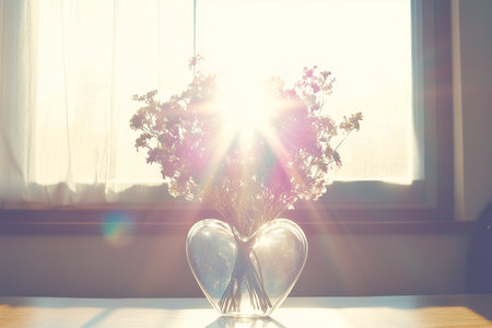 A heart-shaped vase filled with flowers shines in sunlight, creating a warm, romantic atmosphere. Perfect for Valentine's Day or home decoration.の素材