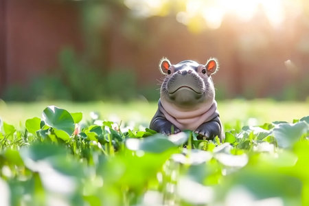 A charming young hippo sits in a lush green setting, opening its mouth playfully. The serene pond backdrop and soft sunlight create a delightful wildlife moment.の素材