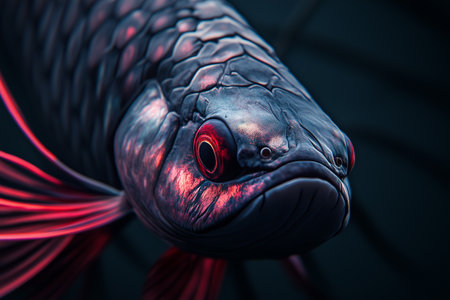 Discover the beauty of an arowana fish captured in stunning detail against a dark black background, showcasing its vibrant colors and intricate scales, perfect for fish lovers.の素材