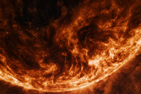 A breathtaking view of the sun against a dark starry sky, showcasing the beauty of our solar system. This image captures the swirling patterns of solar plasma and radiant energy.の素材