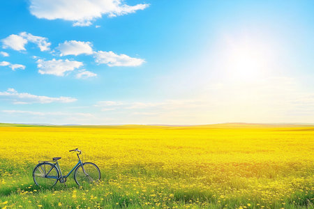 A vintage bicycle stands solitary in a sunlit yellow field filled with flowers, capturing the essence of nostalgia and freedom from the 90s era.の素材