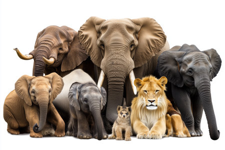 A vibrant illustration showcasing a variety of animals, including elephants and a lion, perfect for zoo and wildlife-themed content, educational materials, and more.の素材