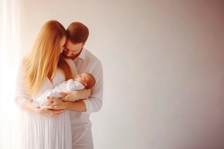 A beautiful young family celebrates love and connection as a mother and father tenderly embrace their newborn, capturing a warm and serene moment.の素材