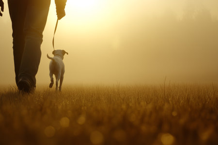A serene moment featuring a person walking their dog in a misty field at sunrise. The warm light creates a peaceful atmosphere, highlighting the bond between human and pet.の素材
