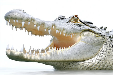 This striking image features a large alligator with its mouth wide open, showcasing sharp teeth and vibrant details. The isolated white background enhances the fierce expression and makes it ideal for wildlife and nature themes.の素材