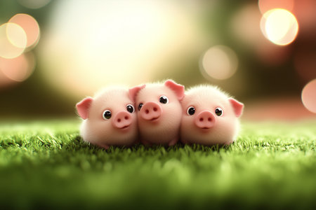 Three adorable newborn piglets stand together on lush green grass, showcasing their playful and innocent nature. Perfect for farm animal enthusiasts or nature lovers!の素材