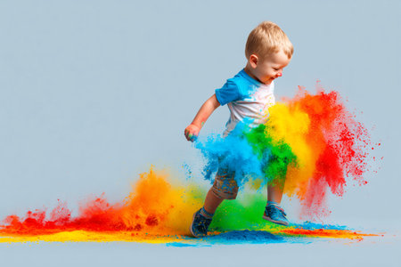 A joyful child plays with bright colors, creating a vibrant scene of fun and creativity. This image captures the pure happiness and enthusiasm of childhood through dynamic splashes of color.の素材