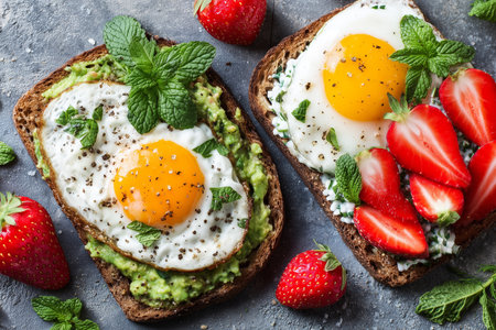 Enjoy a nutritious breakfast featuring creamy avocado toast topped with eggs and fresh strawberries. This vibrant meal is a perfect start to your day.の素材