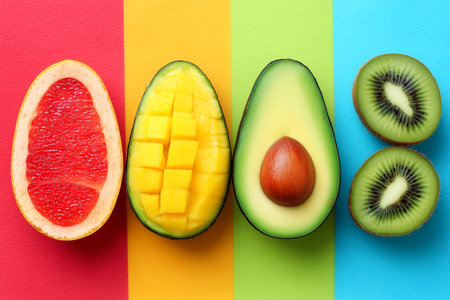 A vivid arrangement of tropical fruits including grapefruit, avocado, mango, and kiwi on a bright pastel background, showcasing a minimalist composition that highlights their natural textures and vibrant colors. Perfect for food enthusiasts and summer-themed designs.の素材