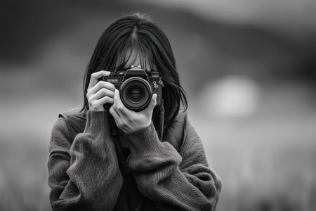 A stunning black and white portrait of a woman holding a camera, capturing a moment with focus and creativity. Ideal for photography lovers and enthusiasts.の素材