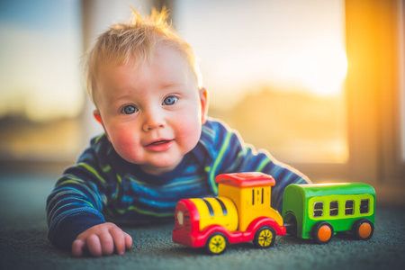 A delightful moment of a joyful child playing with colorful wooden toys on a soft carpet, basking in natural sunlight, embodying innocence and creativity.の素材