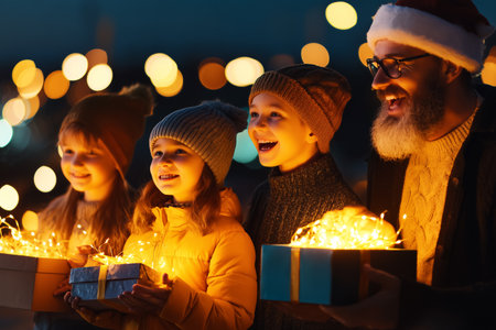Joyful children celebrate Christmas with Santa Claus, holding beautifully wrapped gift boxes amidst glowing lights and a festive atmosphere, capturing the magic of the season.の素材