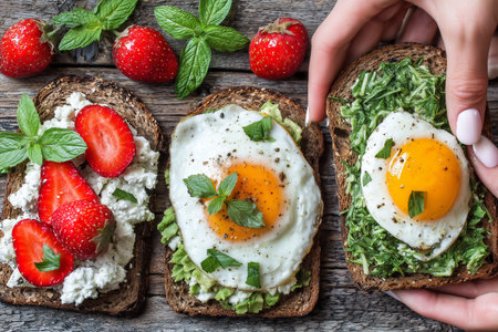 Indulge in a vibrant breakfast featuring avocado toast topped with eggs, fresh strawberries, and mint. Perfect for a healthy meal or brunch.の素材