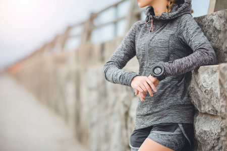 A young woman is checking her fitness watch while leaning against a stone wall outdoors, showcasing a healthy and active lifestyle focused on monitoring performance and progress.の素材