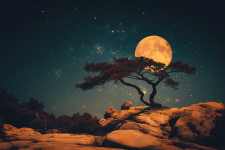 A stunning nightscape featuring a solitary tree against a bright moon. Stars fill the sky, creating a tranquil atmosphere. Ideal for serene nature imagery.の素材