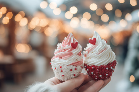 Celebrate love with charming cupcakes in soft pink and white hues, perfect for Valentineの素材