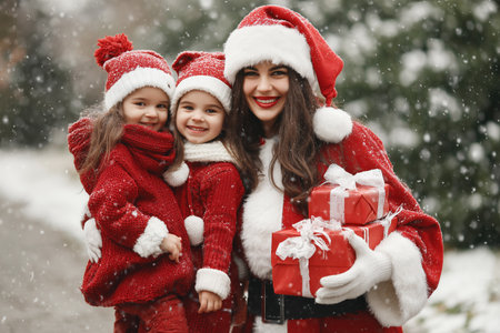 A joyful family wearing Santa outfits enjoys a snowy winter day. They are surrounded by gift boxes, embodying the festive spirit and joy of the season.の素材