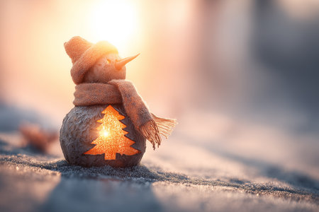 A charming snowman with an illuminated Christmas tree shape, set against a soft bokeh background. This image captures the warm spirit of the holiday season.の素材