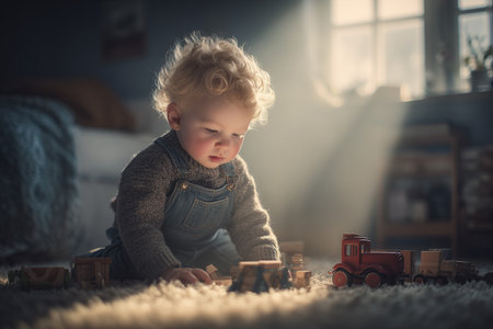 A delightful scene featuring a child immersed in play with wooden toys on a soft carpet, illuminated by gentle natural light, capturing the essence of childhood joy and creativity.の素材