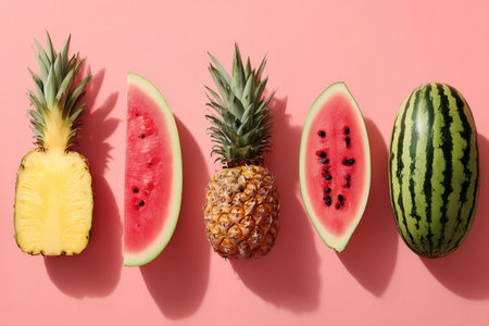 This minimalist composition features vibrant tropical fruits such as pineapple and watermelon on a pastel pink background. Perfect for summer themes and healthy lifestyles.の素材