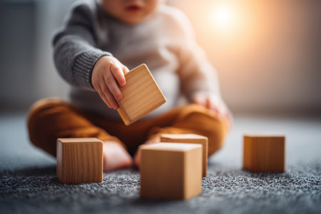 A delightful candid moment captures a child engaged in play with wooden toys on a soft carpet. The warm lighting adds a serene touch, highlighting joyful exploration and creativity.の素材