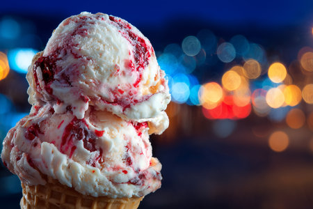 Enjoy a delightful ice cream cone featuring pink and white swirls, perfect for celebrating love on Valentine's Day with a romantic atmosphere.の素材
