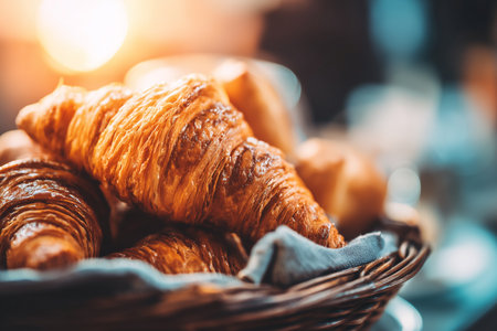 Indulge in the warmth of freshly baked croissants, beautifully presented on rustic paper. Ideal for breakfast and bakery themes, this enticing image captures the flaky texture and golden hue of these delicious pastries, perfect for any culinary display.の素材