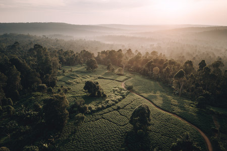 Experience the stunning aerial view of rice terraces in Southeast Asia, showcasing vibrant green fields and serene landscapes illuminated by sunrise.の素材