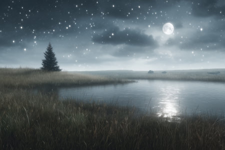 A tranquil night scene featuring a lone tree beside a still pond, illuminated by a bright full moon and surrounded by sparkling stars.の素材