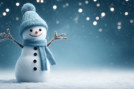 A playful snowman wearing a blue hat and scarf stands in a serene winter scene with soft bokeh lights in the background, capturing the essence of holiday cheer.の素材