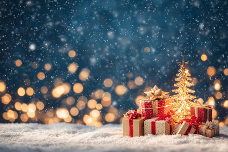 A heartwarming scene featuring a decorative lamp and a sparkling Christmas tree surrounded by beautifully wrapped giftboxes, all set against a gentle snowfall at night. Ideal for seasonal themes.の素材