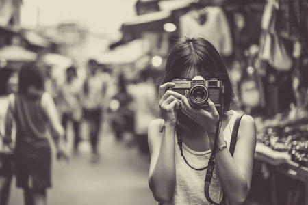 A captivating portrait of a woman holding a camera in a bustling market street, capturing a moment. The backdrop features lively activities, showcasing urban life and creativity.の素材