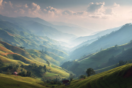 Breathtaking view of rice terraces in Southeast Asia at sunrise, showcasing rolling hills, serene valleys, and rich agricultural beauty.の素材