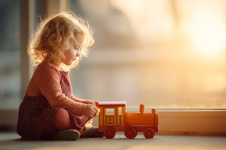 This heartwarming scene captures a child playfully engaged with a wooden toy train on a carpet during a beautiful sunset, highlighting innocence and joy.の素材
