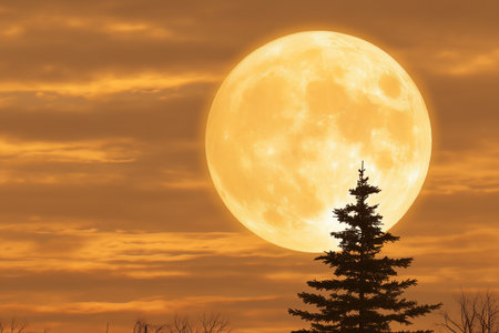 Experience the enchanting beauty of a moonlit night featuring a silhouette of a tree against a vibrant orange sky. Perfect for nature lovers.の素材