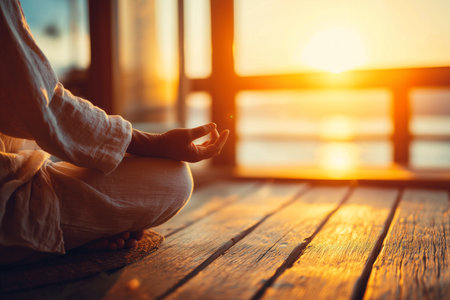 Embrace tranquility with this peaceful morning yoga session, bathed in sunlight and set near a window. A perfect blend of relaxation and wellness.の素材