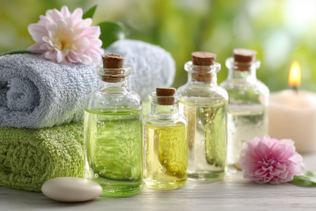 A serene spa table display featuring glass bottles of essential oils, soft rolled towels, a candle, and flowers, creating a peaceful atmosphere for relaxation.の素材