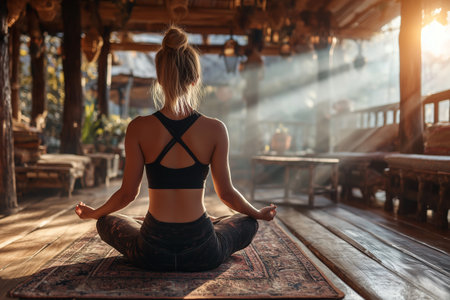 A serene indoor yoga scene featuring a person engaged in a peaceful morning practice by a window, illuminated by sunlight. Perfect for wellness and relaxation themes.の素材